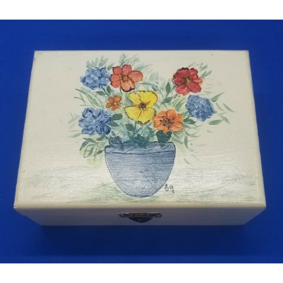 Hand Painted Wood Hinged Lined Trinket Box Flower Pot Artist Signed - Picture 1 of 8